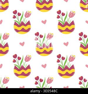 Seamless Easter pattern with decorated eggshells and flowers. Spring vector illustration perfect for wallpaper, festive decorations, wrapping paper, t Stock Vector