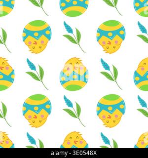 Seamless Easter pattern with decorated eggs, chicken and flowers. Vector illustration perfect for festive decorations, wrapping Stock Vector