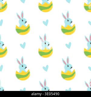 Seamless Easter pattern with decorated eggs, bunny, bunny ears and flowers. Vector illustration perfect for decorations Stock Vector