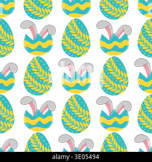 Seamless Easter pattern with decorated eggs, bunny, bunny ears and flowers. Vector illustration perfect for wrapping paper, textile, wallpaper, greeti Stock Vector