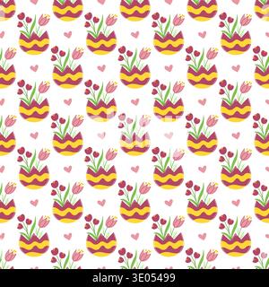 Seamless Easter pattern with decorated eggshells and flowers. Spring vector illustration perfect for wallpaper, festive decorations, wrapping paper, t Stock Vector
