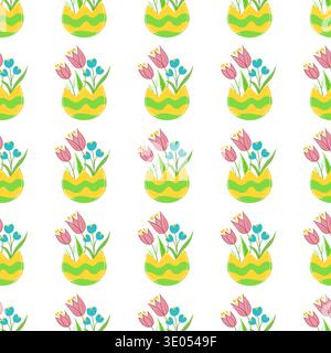 Seamless Easter pattern with decorated eggshells and flowers. Spring vector illustration perfect for wallpaper, festive decorations Stock Vector