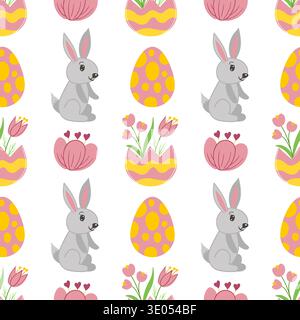Seamless Easter pattern with decorated eggs, bunny, bunny ears and flowers. Vector illustration perfect for festive decorations, wrapping Stock Vector