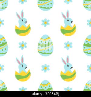 Seamless Easter pattern with decorated eggs, bunny, bunny ears and flowers. Vector illustration for wrapping Stock Vector