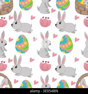 Seamless Easter pattern with decorated eggs, cute bunnies, baskets and flowers. Vector illustration perfect for wrapping paper, textile, wallpaper Stock Vector