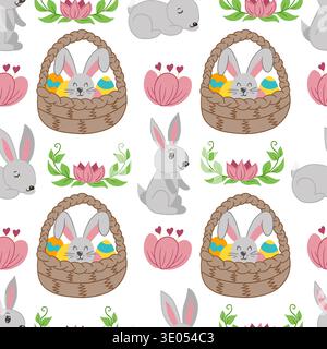 Seamless Easter pattern with decorated eggs, cute bunnies, baskets and flowers. Vector illustration perfect for wrapping paper, textile, wallpaper, gr Stock Vector