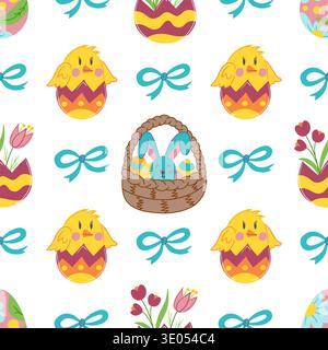 Seamless Easter pattern with decorated eggs, cute bunnies, baskets. Vector illustration perfect for wrapping paper, textile, wallpaper, greeting cards Stock Vector