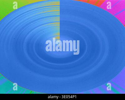 Abstract geometric composition featuring a large blue concentric circle with a vertical line on a vibrant magenta and green background. Modern texture Stock Photo
