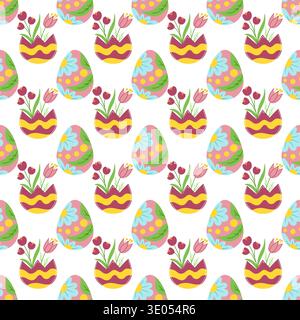 Seamless Easter pattern with pink eggs and flowers. Vector illustration perfect for festive decorations Stock Vector