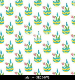 Seamless Easter pattern with decorated eggshells and flowers. Spring vector illustration perfect for seasonal designs, wallpaper, festive decorations, Stock Vector