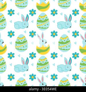 Seamless Easter pattern with decorated eggs, bunny, bunny ears and flowers. Vector illustration perfect for festive decorations Stock Vector