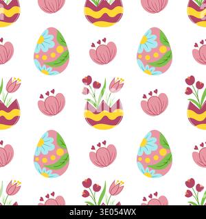 Seamless Easter pattern with pink eggs and flowers. Vector illustration perfect for festive decorations, wrapping paper, textile, wallpaper, greeting Stock Vector