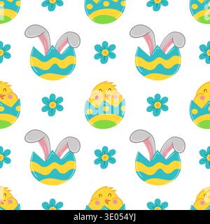 Seamless Easter pattern with decorated eggs, bunny, bunny ears and flowers. Vector illustration perfect for wrapping paper, textile Stock Vector