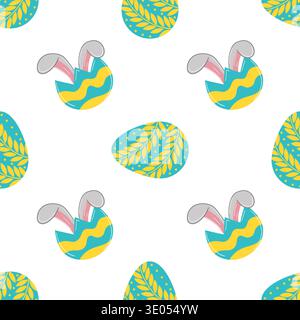 Seamless Easter pattern with decorated eggs, bunny, bunny ears and flowers. Vector illustration perfect for wrapping paper, textile, wallpaper, cards Stock Vector