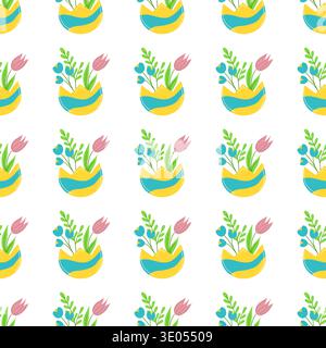 Seamless Easter pattern with decorated eggshells and flowers. Spring vector illustration perfect for seasonal designs, wallpaper, festive decorations, Stock Vector