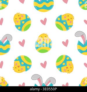 Seamless Easter pattern with decorated eggs, bunny, bunny ears and flowers. Vector illustration Stock Vector