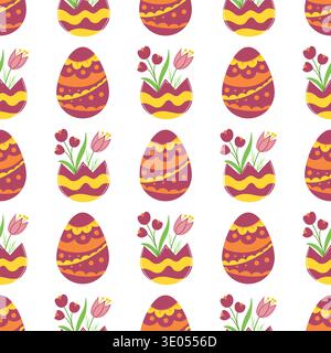 Seamless Easter pattern with red decorated eggs and flowers. Vector illustration perfect for wrapping paper, textile, wallpaper, greeting cards Stock Vector