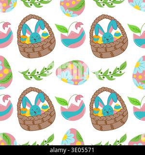 Seamless Easter pattern with cute bunnies, decorated eggs, baskets and flowers. Vector illustration perfect for wrapping paper, textile, wallpaper, ca Stock Vector
