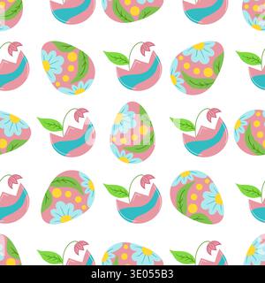 Seamless Easter pattern with pink eggs and flowers. Vector illustration perfect for festive decorations, paper Stock Vector