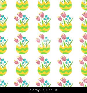 Seamless Easter pattern with decorated eggshells and flowers. Spring vector illustration perfect for wallpaper, festive decorations, wrapping Stock Vector