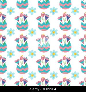 Seamless Easter pattern with decorated eggshells and flowers. Spring vector illustration perfect for wallpaper Stock Vector