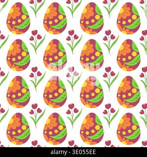 Seamless Easter pattern with pink eggs and flowers. Vector illustration perfect for decorations Stock Vector