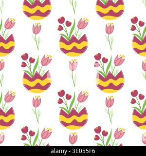 Seamless Easter pattern with decorated eggshells and flowers. Spring vector illustration perfect for wallpaper, festive decorations, wrapping paper, t Stock Vector