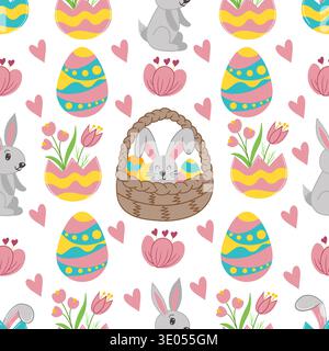 Seamless Easter pattern with decorated eggs, cute bunnies, baskets and flowers. Vector illustration perfect for wrapping paper, textile, wallpaper, gr Stock Vector