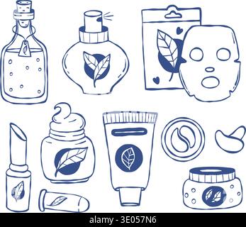 Cosmetic and Skincare Set. Blue Line Art Bottles, Jars, Perfume, Cream, Oil, Tube, Lipstick, and Face Mask, Beauty Accessories. Isolated hand-drawn Do Stock Vector