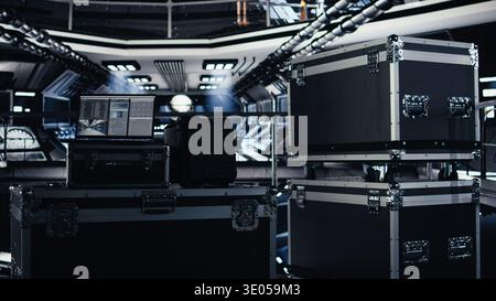 Laptop display in space station showing telemetry software during orbital flight. Notebook screen displaying spacecraft mission control interface during planetary expedition Stock Photo