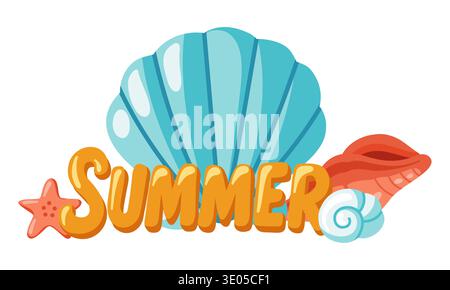 Summer lettering with seashells and starfish beach composition. Vector isolated illustration on white background  Stock Vector