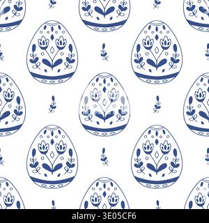 Seamless decorative Easter eggs pattern in blue line art style. Outline vector background. Stock Vector