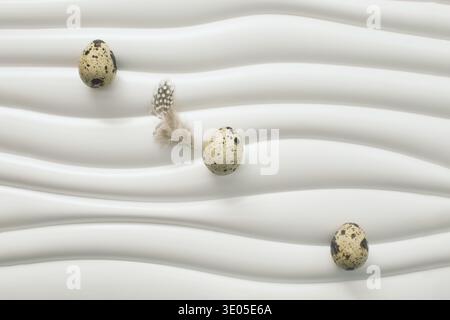 MinimalEaster still life with three quall eggs and feather arranged diagonally on modern wavy white surface. Elegant seasonal composition with copy sp Stock Photo