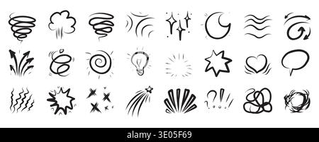 Line art expressive motion elements set. Hand drawn swirl, wind, smoke, star, lightbulb, question, exclamation and talk bubble. Black brush stroke sketch manga emphasis, fx highlights, dynamic frames Stock Vector