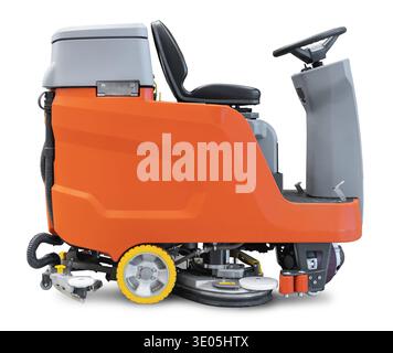 Side view of a modern orange and grey industrial ride-on floor scrubber dryer machine, isolated on a white background for commercial cleaning and faci Stock Photo