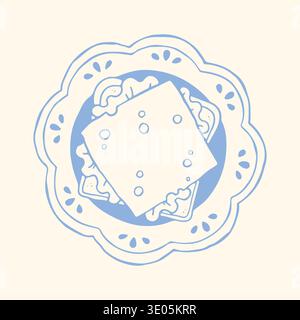 Hand drawn sandwich on ornamental plate in blue outline style. Minimalist food vector illustration ideal for cafe menu design, deli branding Stock Vector