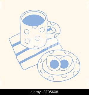 Hand drawn breakfast vector with coffee mug, boiled eggs and striped napkin in minimalist blue line style. Cozy morning food illustration perfect for Stock Vector