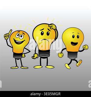 Lightbulb Characters Showing Bright Idea, Confusion and Joy — Cartoon Light Bulbs Representing Creativity Stock Vector