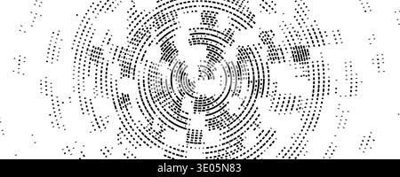 Abstract radial pixelated halftone pattern. Circular pixel explosion background. Rotating scattered dotted texture overlay bg. Fading geometric fragment wallpaper. Vector radial spinning backdrop Stock Vector