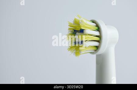 Close-up of frayed and splayed yellow bristles on a used electric toothbrush head, signifying the need for replacement Stock Photo