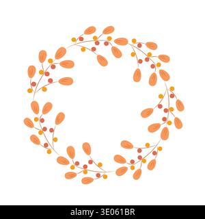 Cute autumn round frame or wreath with leaves, berris, nuts and mushrooms in cartoon flat style. Cozy seasonal design perfect for cards, invitations Stock Vector
