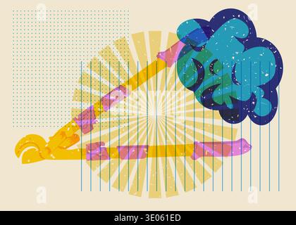 Risograph Wire cutter with geometric shapes. Objects in trendy riso graph print texture style design with geometry elements. Stock Vector