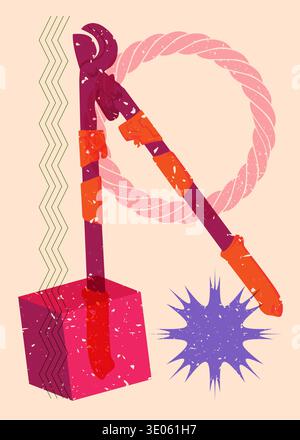 Risograph Wire cutter with geometric shapes. Objects in trendy riso graph print texture style design with geometry elements. Stock Vector