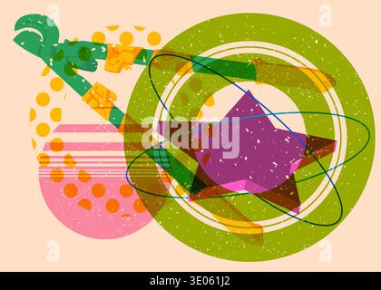 Risograph Wire cutter with geometric shapes. Objects in trendy riso graph print texture style design with geometry elements. Stock Vector