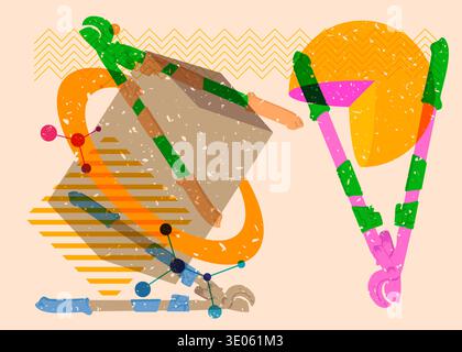 Risograph Wire cutter with geometric shapes. Objects in trendy riso graph print texture style design with geometry elements. Stock Vector