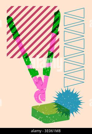 Risograph Wire cutter with geometric shapes. Objects in trendy riso graph print texture style design with geometry elements. Stock Vector