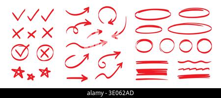 Line marker highlight, arrow, check mark red set. Line red marker hand drawn pen brush stroke underline check. Star oval sticker sign note scribble emphasis icon element. Vector illustration Stock Vector