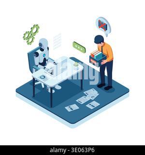 Isometric AI Robot Replacing Human Workers in the Workplace. Robot Taking Over Human Jobs Concept Stock Vector