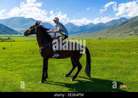 Young adult man joyfully rides a brown horse through a vast green meadow. Cows can be seen in the distance against a serene mountainous backdrop. Semenovskoye Gorge, Kyrgyzstan - July 17 2024 Stock Photo