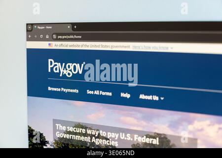 official pay.gov website displayed on curved computer monitor in Balykchy, Kyrgyzstan - February 16, 2026 Stock Photo